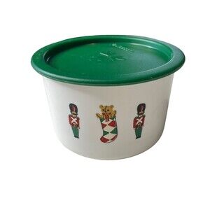 Vintage Christmas Tupperware White with Nutcrackers and Bear in Stocking with Gr